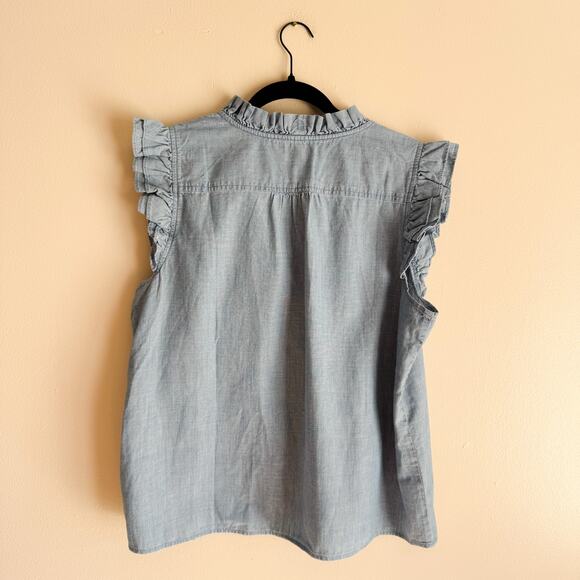 J. Crew Blue Chambray Ruffle Button Up Sleeveless Blouse XL Preppy Casual - Picture 8 of 10